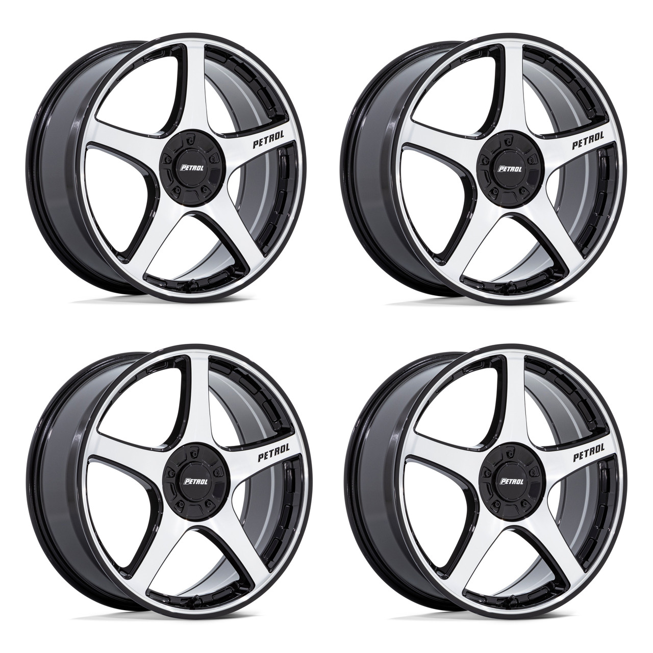 Set 4 17" Petrol PE003 P2E Black Machined Face 17x8 Wheels 5x4.25 5x4.5 40mm Rim