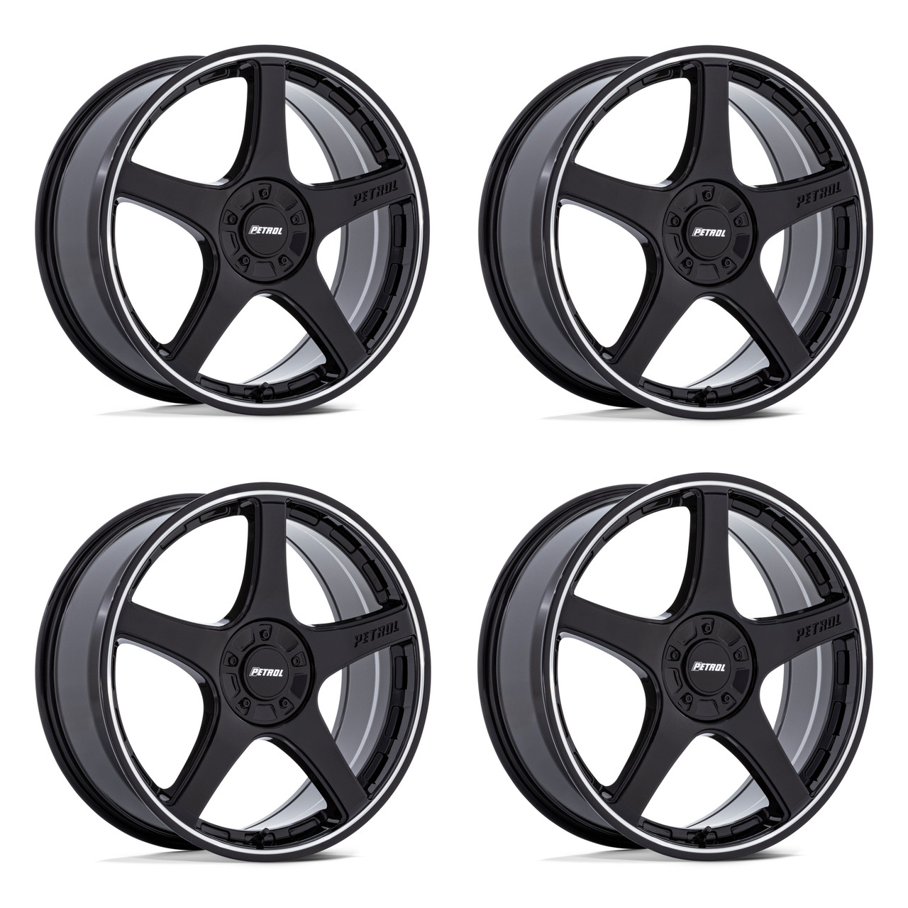 Set 4 18" Petrol PE003 P2E Black Machined Lip 18x8 Wheels 5x4.25 5x4.5 40mm Rims