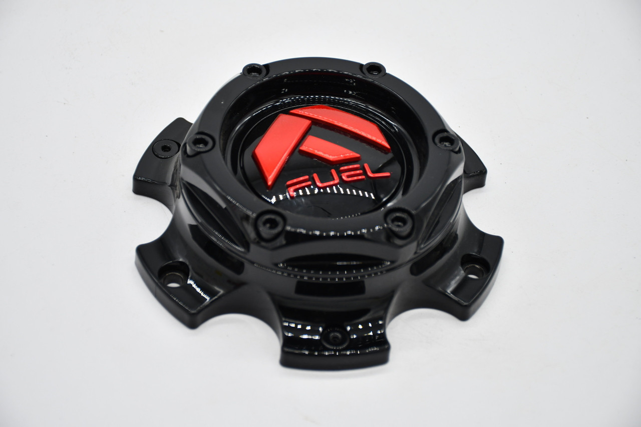 Fuel Off-Road Ignite and Hurricane wheel center cap, gloss black with red Fuel logo, SKU 1004-37GBQ, 5.5-inch size.