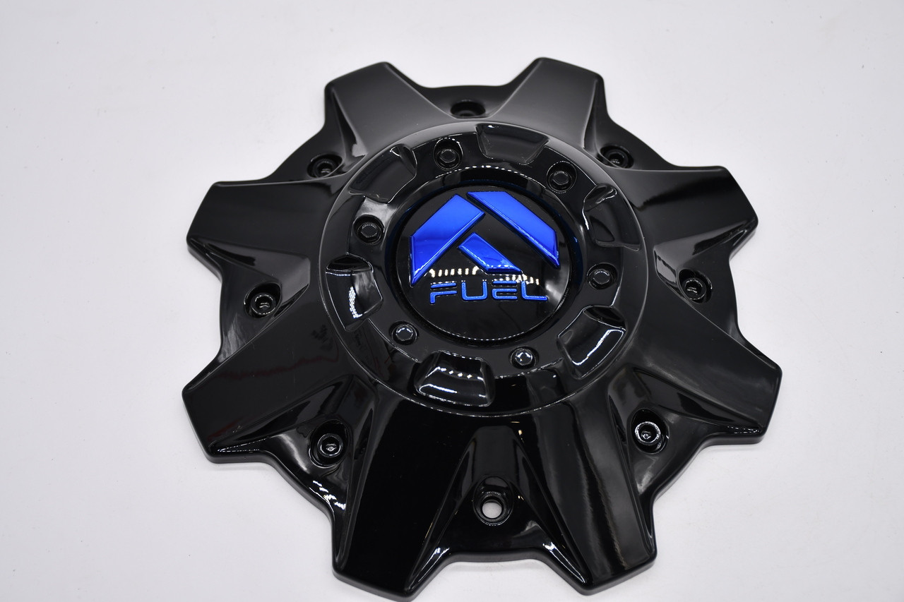 Blue Fuel logo on gloss black wheel center cap