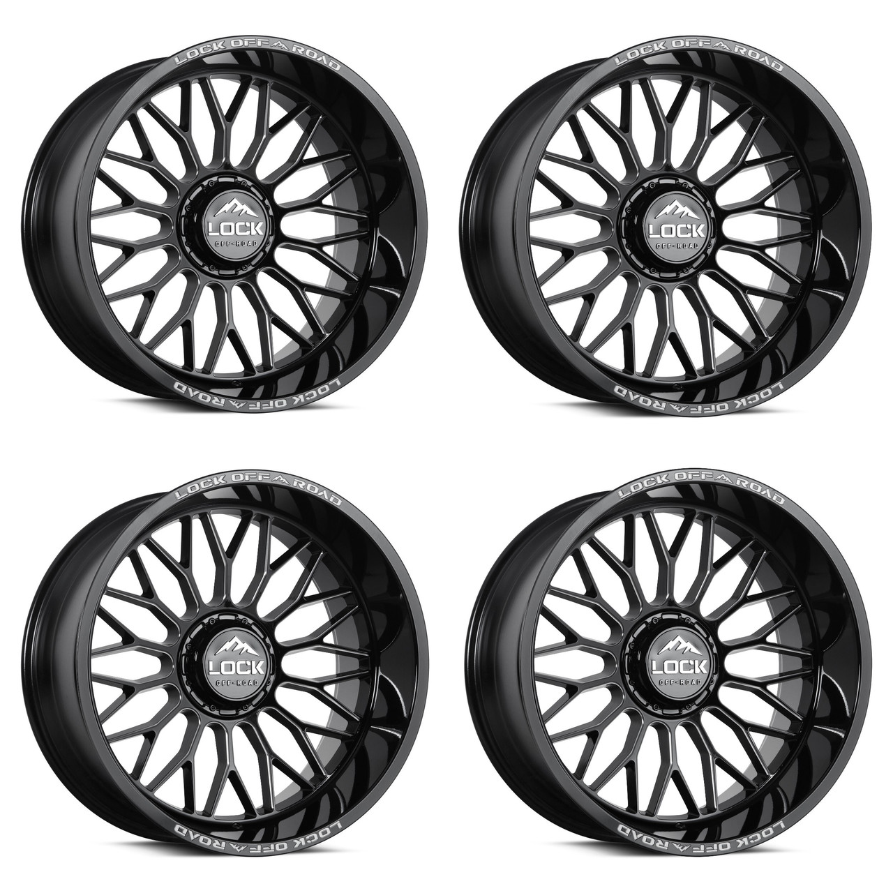 Set 4 20" Lock Extreme Rampage Gloss Black Milled 20x10 5x5 5x5.5 18mm Wheels