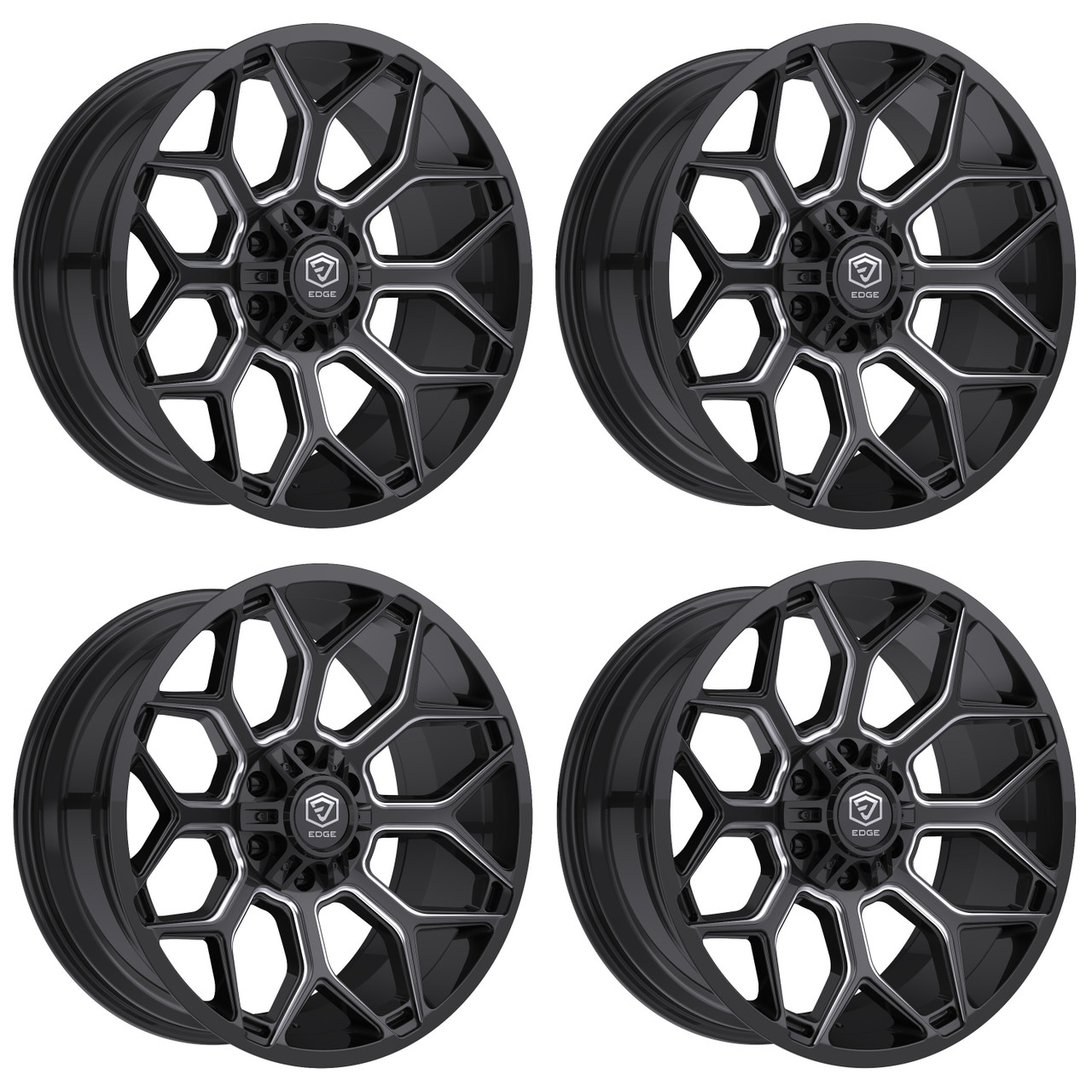 Set 4 20" Edge Off Road 302BM Gloss Black Milled 20x10 6x135 6x5.5 -19mm Wheels