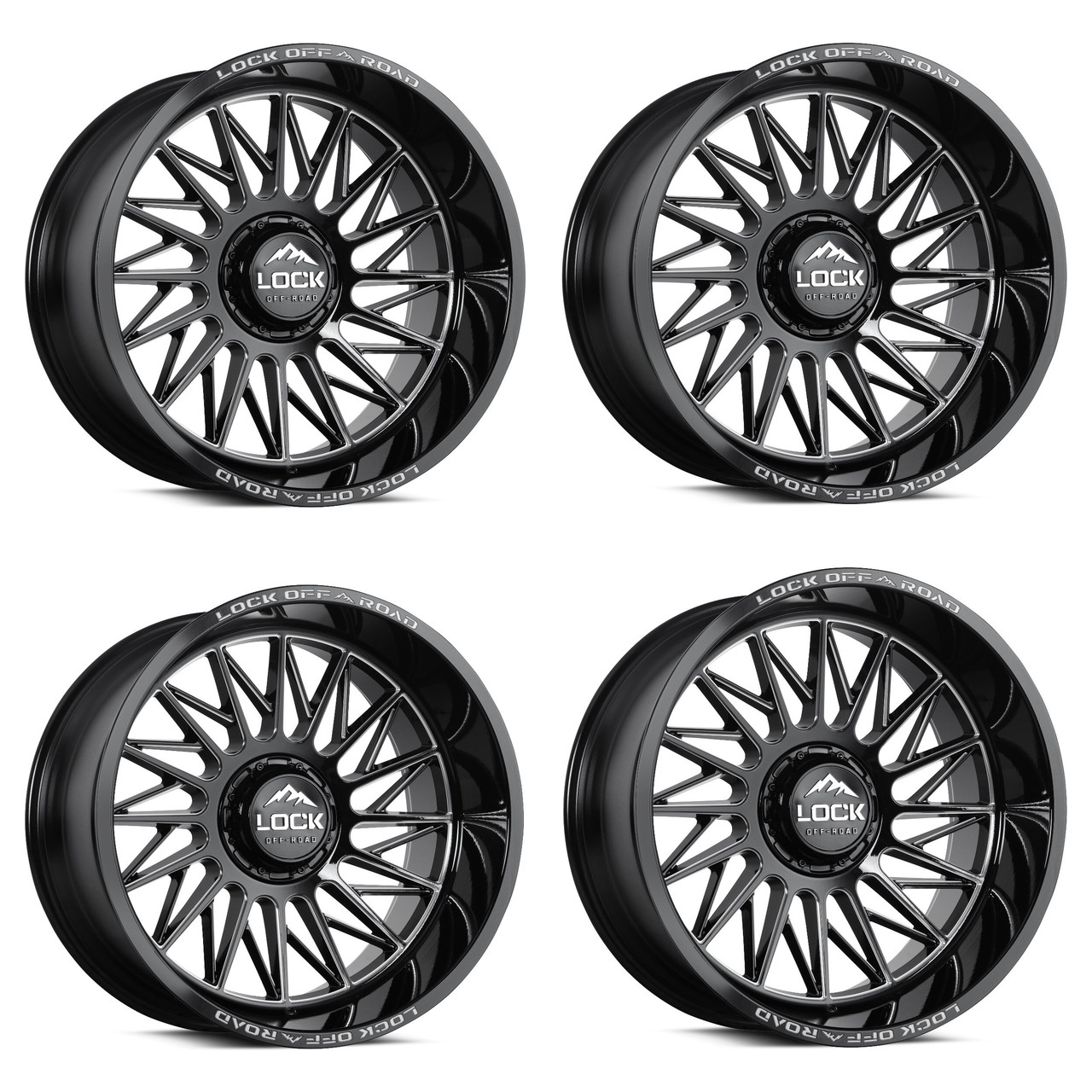Set 4 22" Lock X-Treme Assault Gloss Black Milled 22x10 5x5 5x5.5 -18mm Wheels
