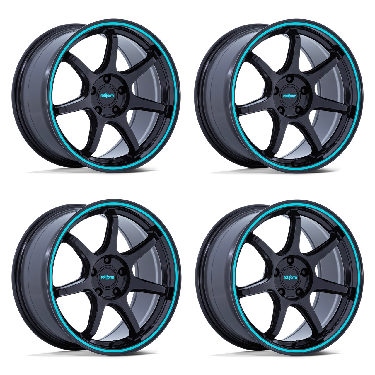 Set 4 18" Rotiform RC208 BPU 18x9.5 5x4.5 25mm Gloss Black Teal Stripe Wheels