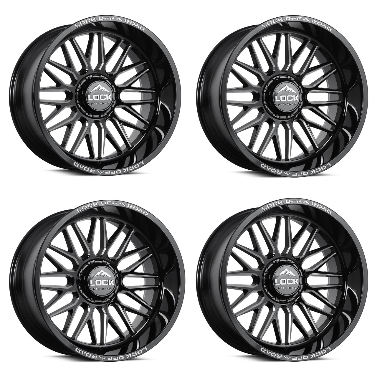 Set 4 20" Lock X-Treme Apex Gloss Black Milling 20x10 5x5 5x5.5 18mm Truck Rims