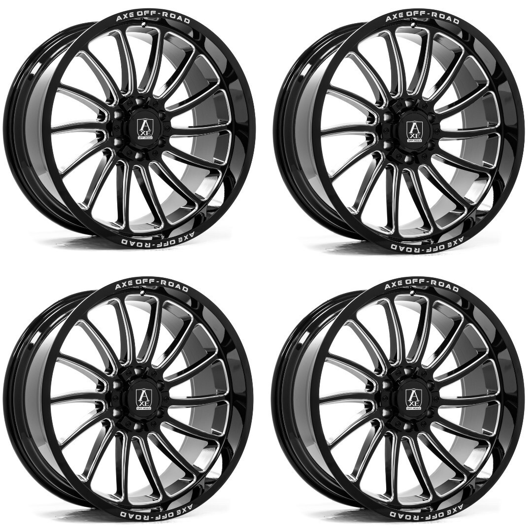 Set 4 24" Axe Off-Road Chronus Gloss Black Milled 24x10 Wheels 5x5 5x5.5 -19mm Rims
