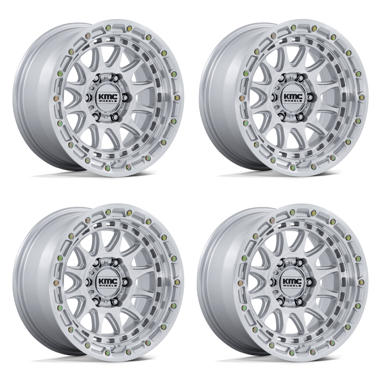 Set 4 17" KMC KM556 Crux Gloss Silver Machined Face 17x8.5 5x5 (5x127) 0mm Rims Offroad Truck Wheels