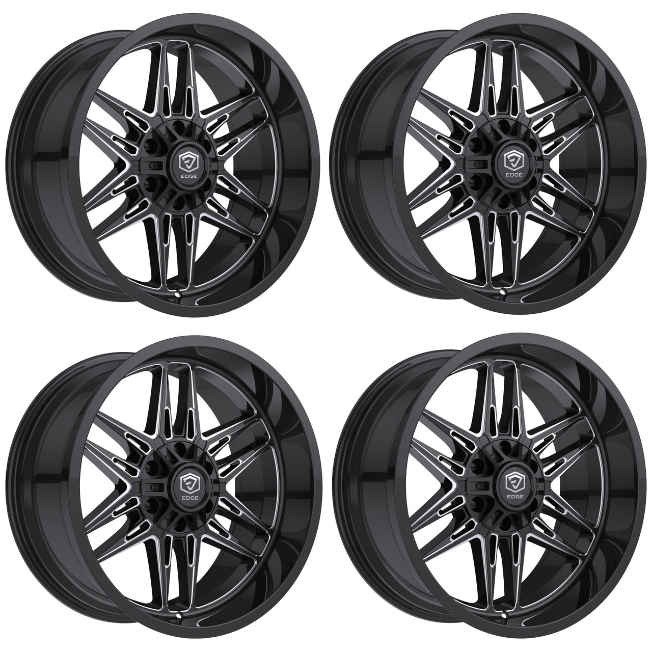 Set 4 22" Edge Off Road 303BM Gloss Black Milled Wheels 22x12 5x5 5x5.5 -44mm Rims