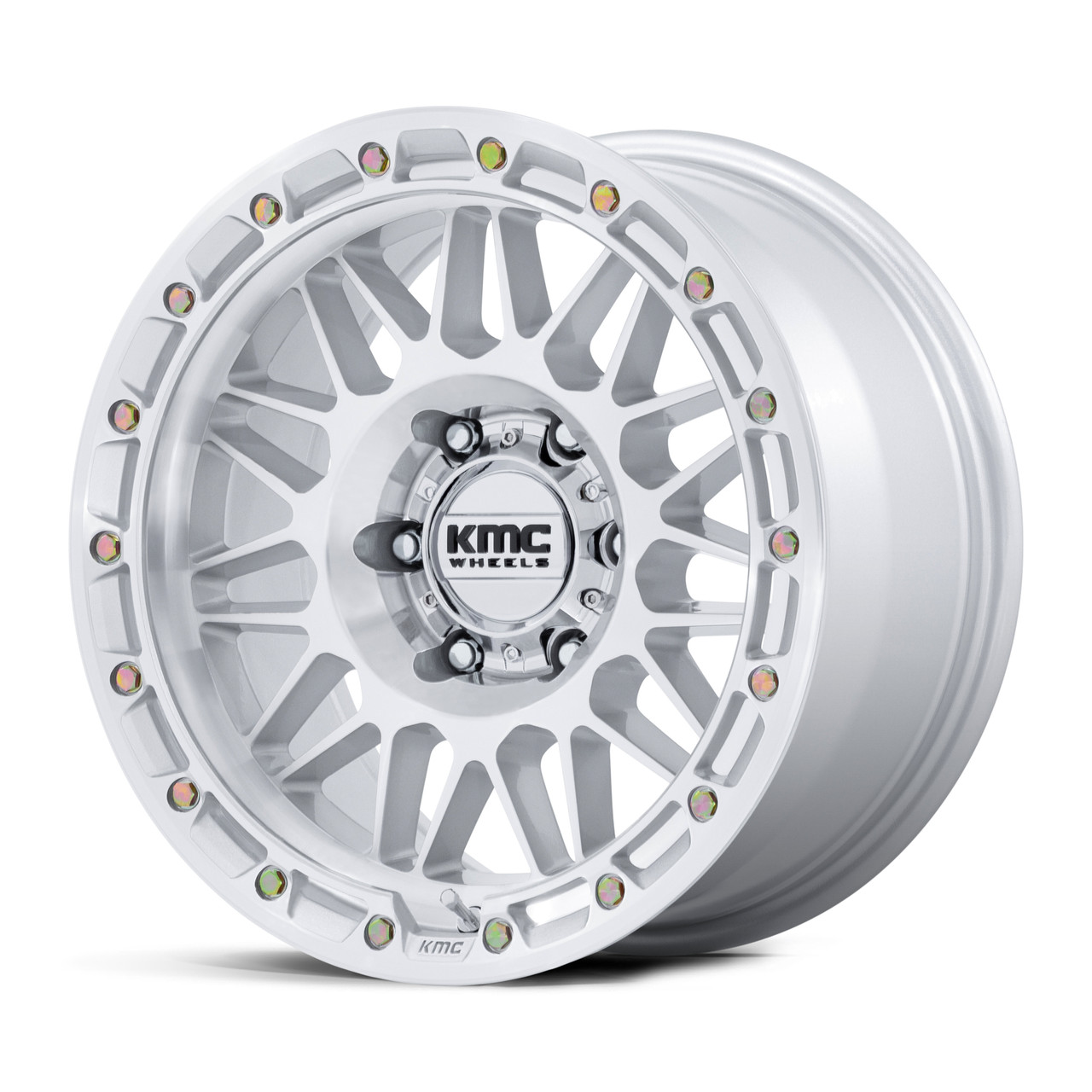 Set 4 17" KMC KM555 Attack 17x8.5 6x135 0mm Gloss Silver W/ Machined Face Wheels Offroad Truck SUV Rims