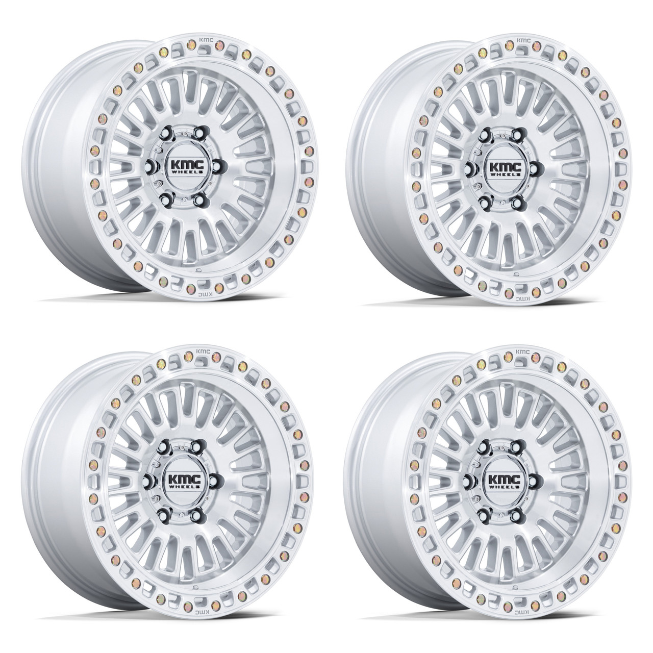 Set 4 17" KMC KM554 Aztec 17x8.5 6x5.5 25mm Silver Machined Face Truck SUV Rims Offroad Wheels