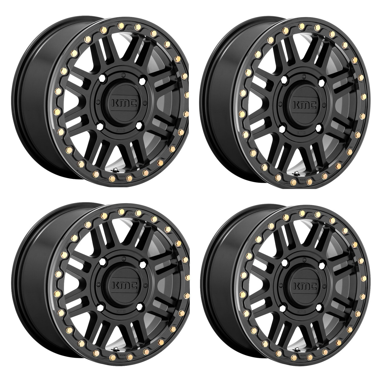 Set 4 KMC Powersports Ks250 Cage Beadlock 15x10 4x137 Satin Black Wheels 15" 0mm