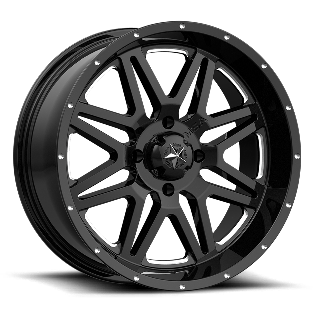 Set 4 MSA Offroad M26 Vibe 14x7 4x156 Milled Gloss Black Wheels 14" 0mm Rims