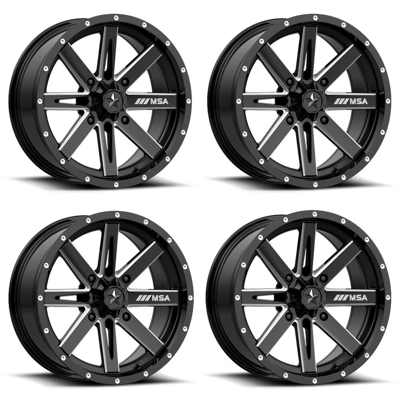 Set 4 MSA Offroad M41 Boxer 14x7 4x110 Black Milled Wheels 14" -47mm Rims