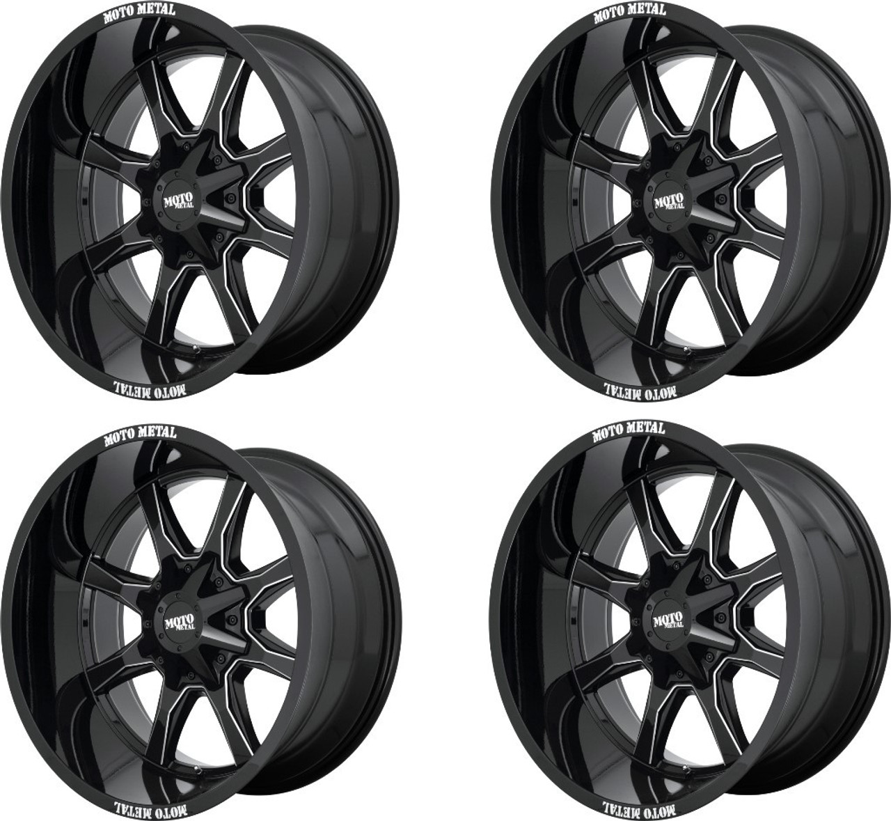 Set 4 20" Moto Metal MO970 20x9 Black With Milled Lip 6x135 6x5.5 Wheels 18mm