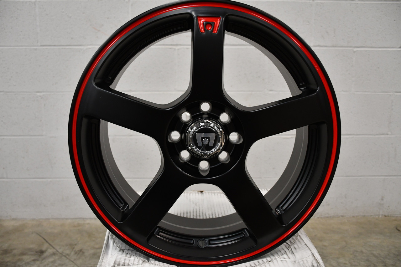 Set 4 Motegi MR116 FS5x6.5 5x100 5x4.5 Black Red Racing Stripe Wheels" 40mm