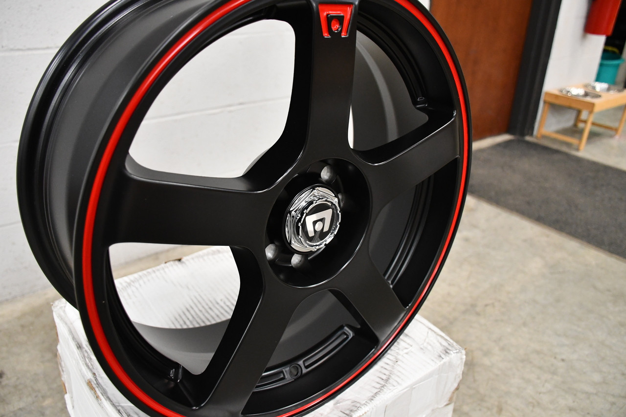 Set 4 Motegi MR116 FS5x6.5 5x100 5x4.5 Black Red Racing Stripe Wheels" 40mm