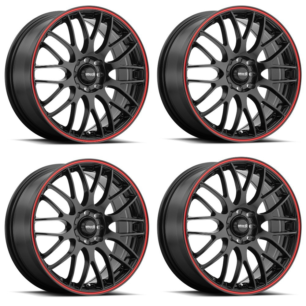 Set 4 17" Maxxim 42B Maze Gloss Black Red Racing Stripe 17x7 5x100 5x4.5 40mm