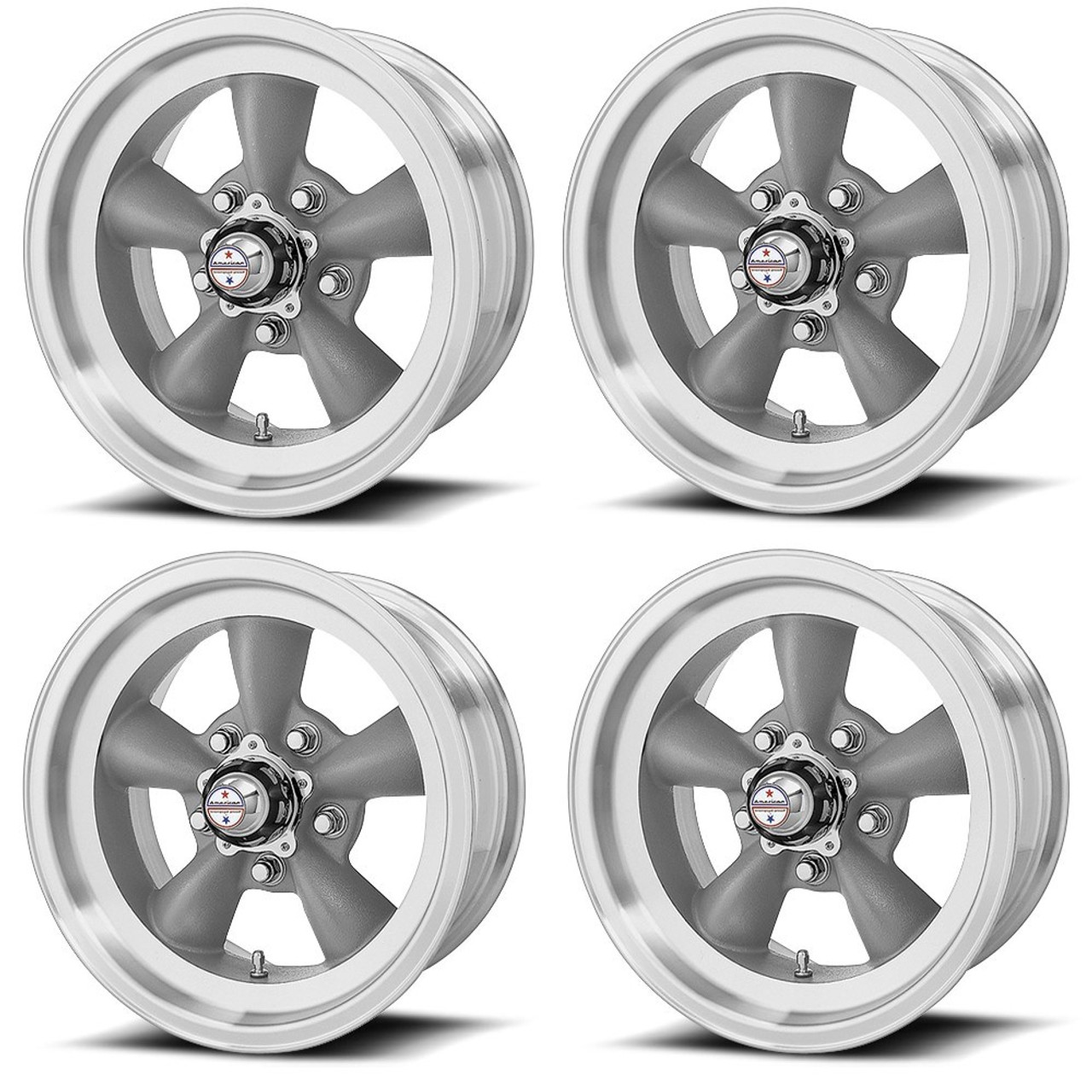 Set 4 American Racing VN105 Torq Thrust D 15x10 5x4.5 Gray Machine Wheels -44mm