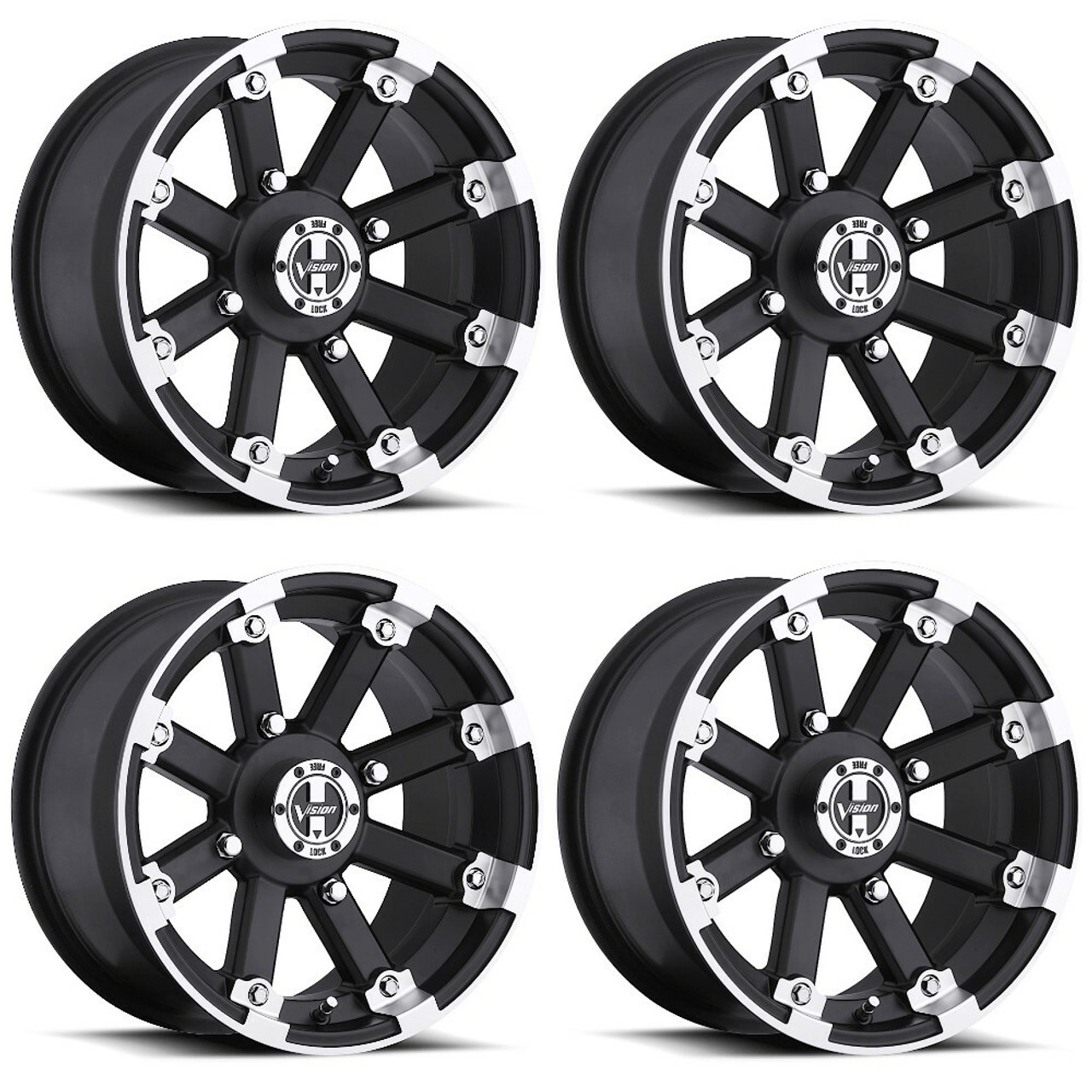 Set 4 12" Vision ATV 393 Lockout Black Machined Lip Wheels 12x8 4x115 -10.2mm