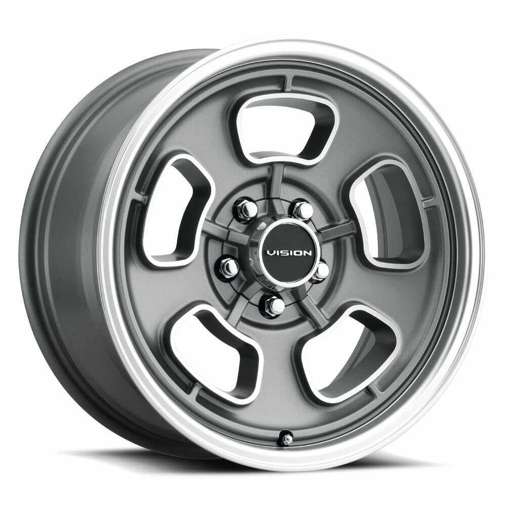 Set 4 15" Vision 148 Shift Satin Grey Machined Face/Lip 15x8 Wheels 5x5 (5x127) -19mm Rims