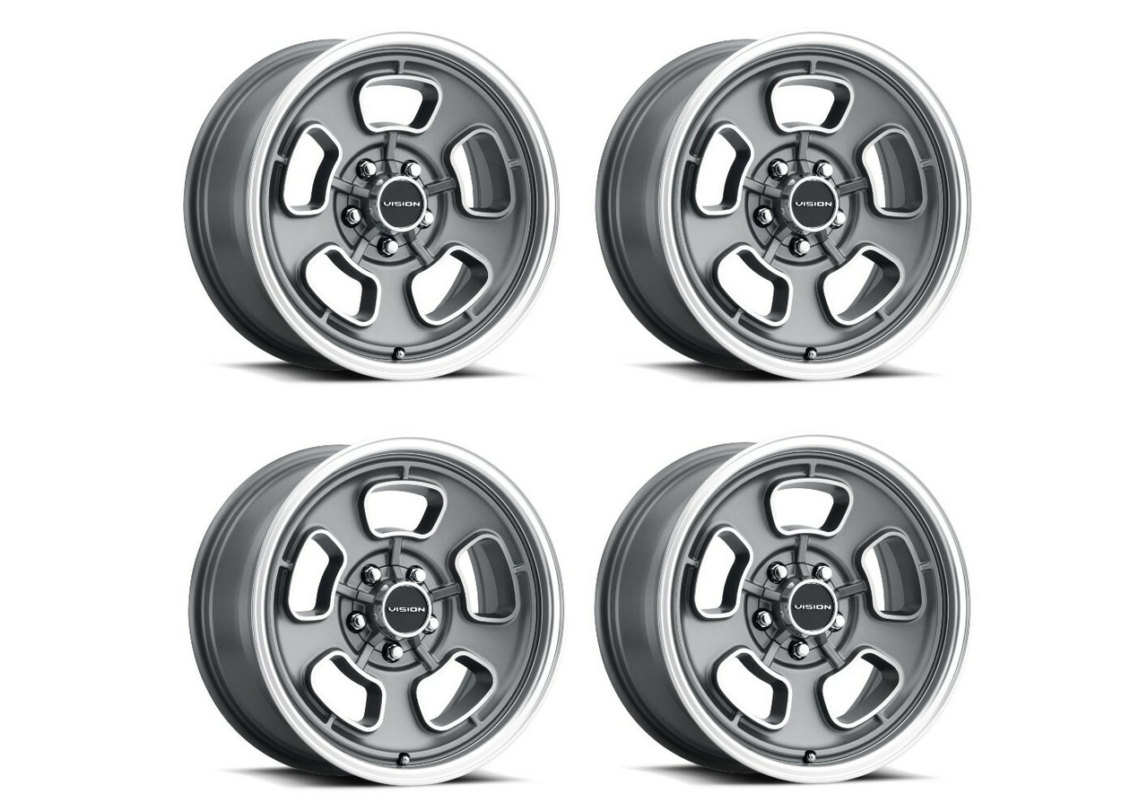 Set 4 15" Vision 148 Shift Satin Grey Machined Face/Lip 15x8 Wheels 5x5 (5x127) -19mm Rims
