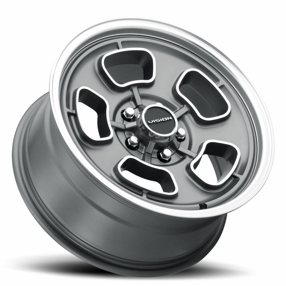 Set 4 15" Vision 148 Shift Satin Grey Machined Face/Lip 15x8 Wheels 5x5 (5x127) -19mm Rims