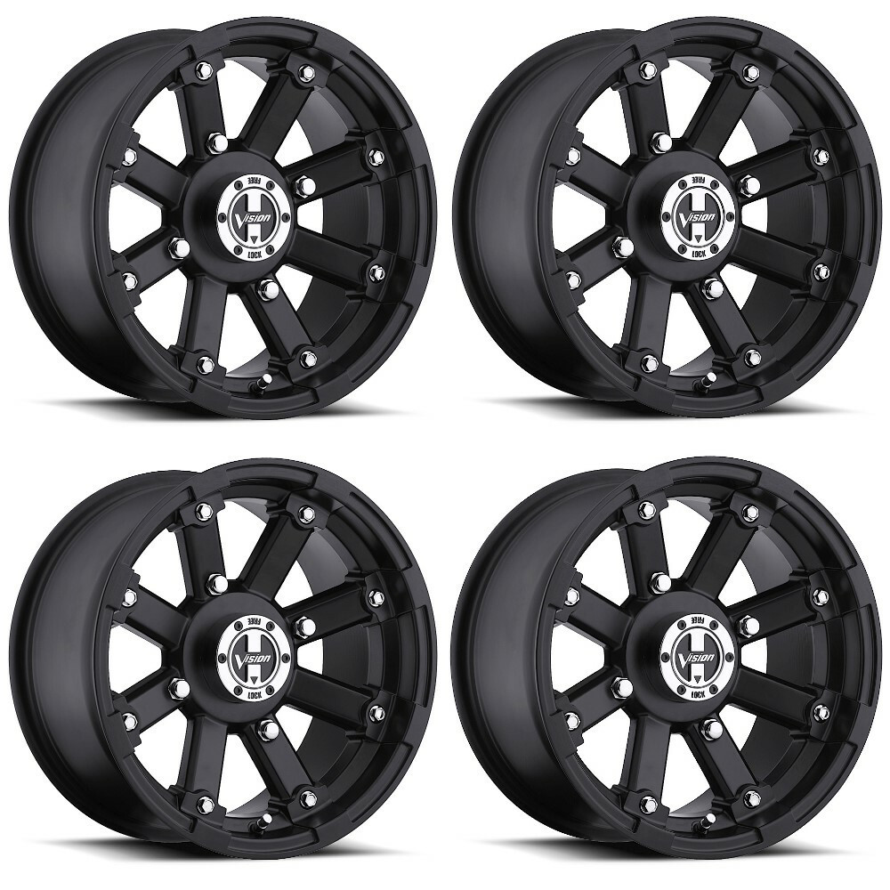 Set 4 12" Vision ATV 393 Lockout Matte Black Wheels 12x7 4x136 Rims 2.5mm