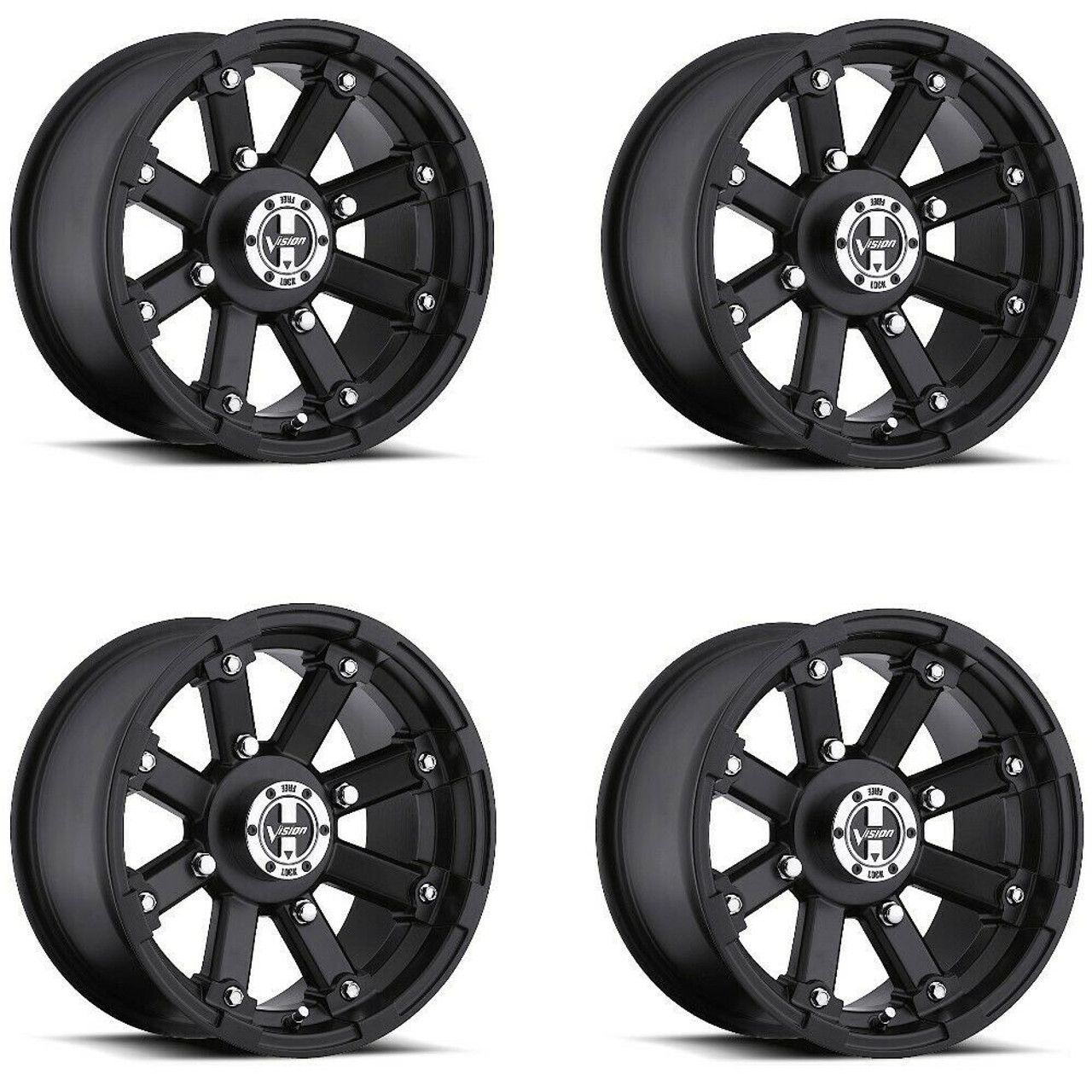 Set 4 12" Vision ATV 393 Lockout Matte Black Wheels 12x8 4x136 Rims -10.2mm