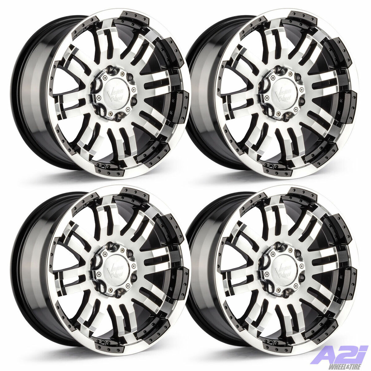 Set 4 15" Vision HD 375 Warrior Black Machined Face Wheels 15x6 6x5.5 Rims 0mm