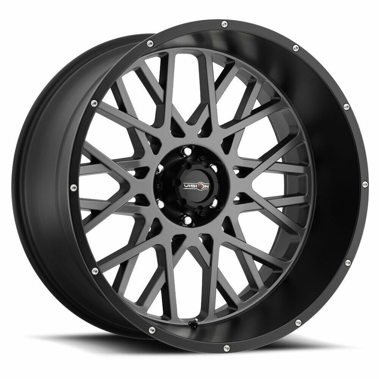 Set 4 18" Vision Off-Road 412 Rocker Anthracite w Black Lip 18x9 6x135 Rims 12mm