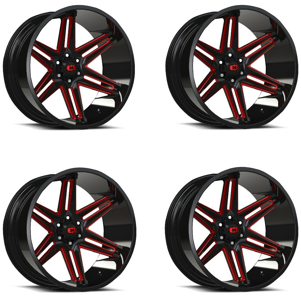 Set 4 24" Vision 363 Razor Gloss Black Milled Spoke with Red Tint 24x12 Wheels 6x5.5 (6x139.7) -51mm Rims