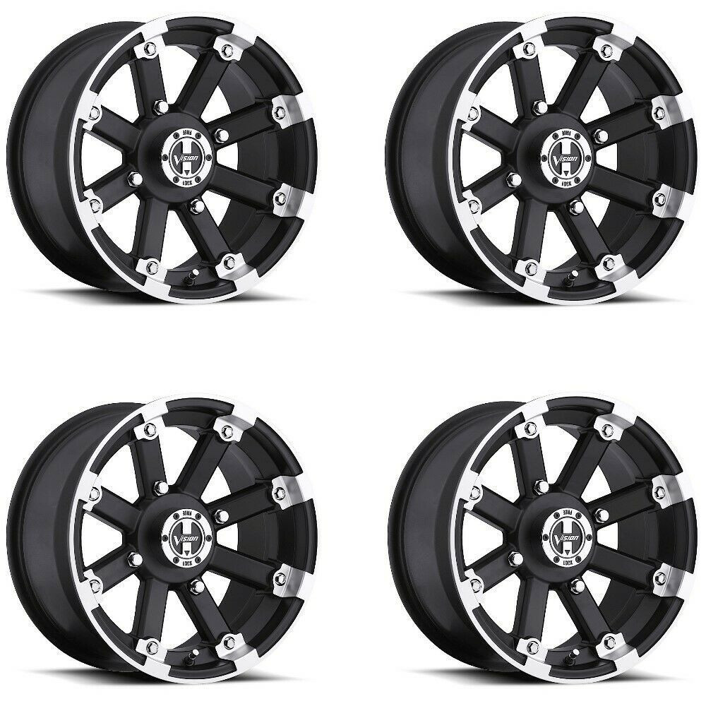Set 4 14" Vision ATV 393 Lockout Black Machined Lip Wheels 14x8 4x115 -10.2mm