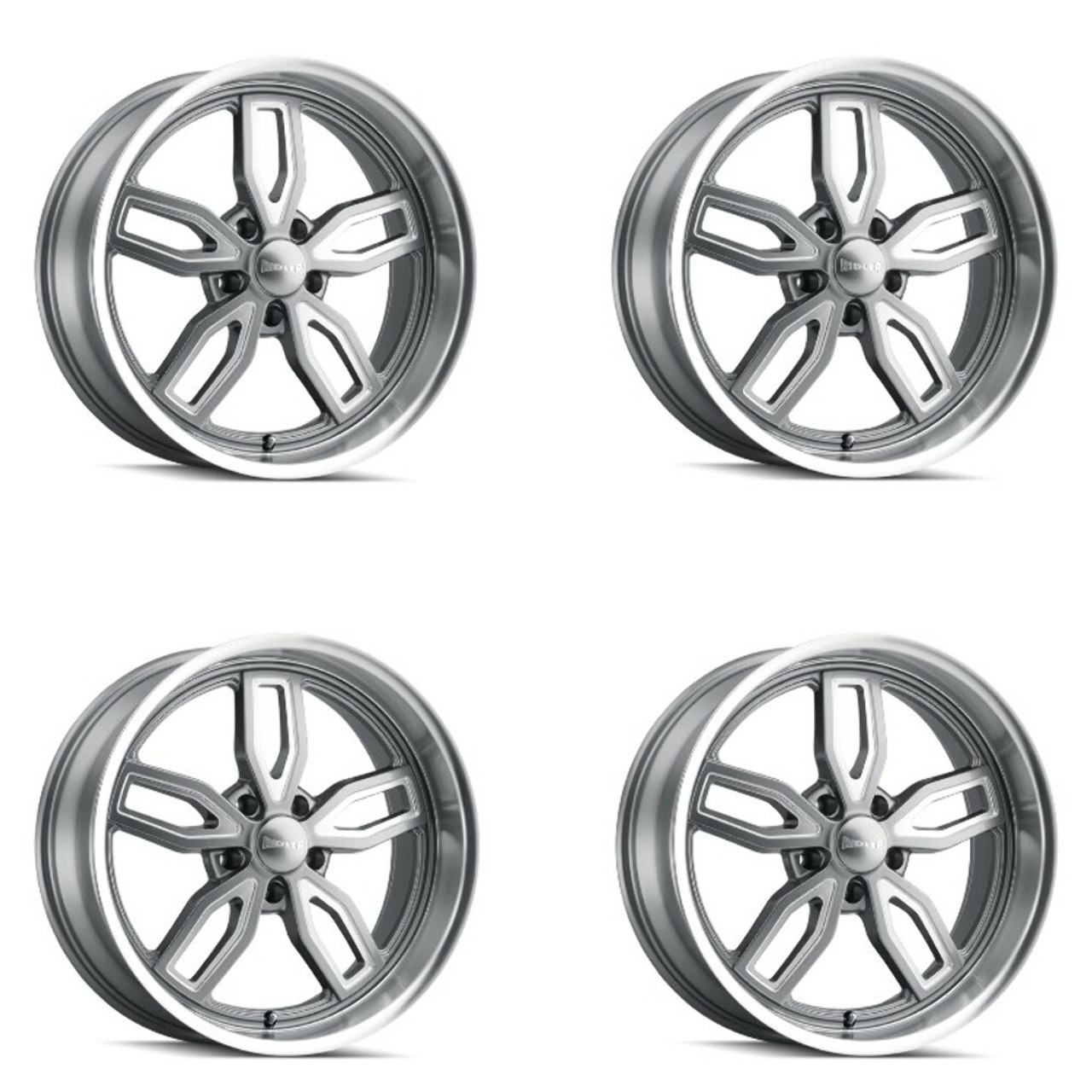Set 4 18" Ridler 608 18x9 Grey W Milled Spokes & Diamond Lip 5x5 Wheels 0mm