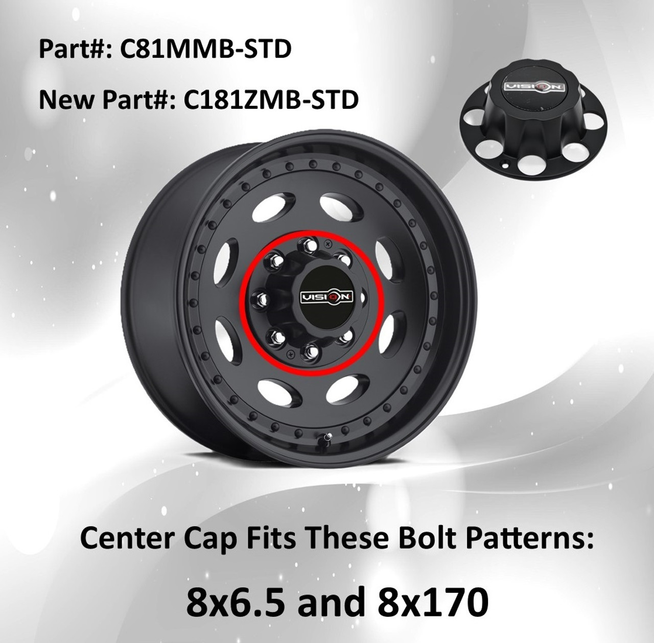 Vision 81A Heavy Hauler C81MMB-STD C181ZMB-STD Matte Black Wheel Center Cap