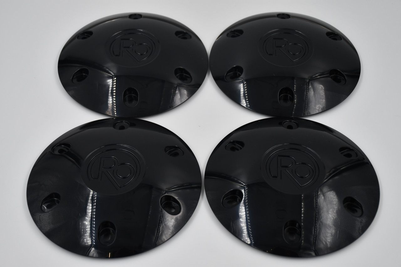 Set of 4 black RO center caps for 6x5.5 wheels with 12mm x 1.5 lug hardware for Toyota Tacoma 4Runner and Ford Bronco Ranger truck applications.