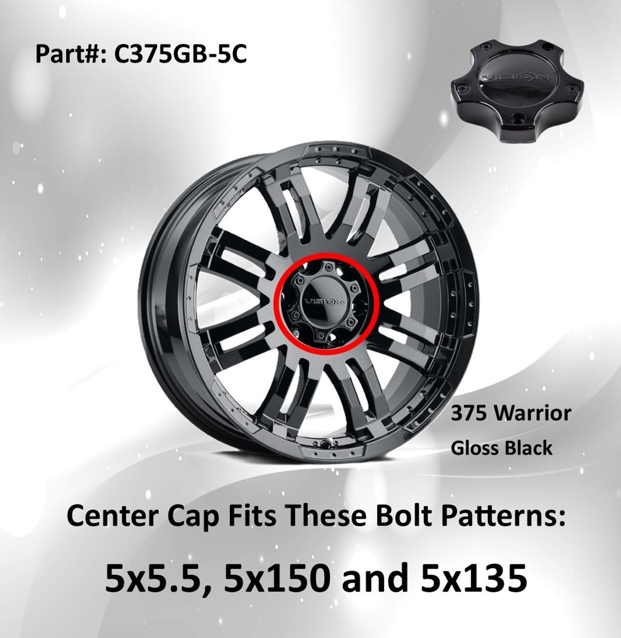 Vision 375 Warrior C375GB-5C Gloss Black Wheel Center Cap Fits 5x5.5 5x150 5x135