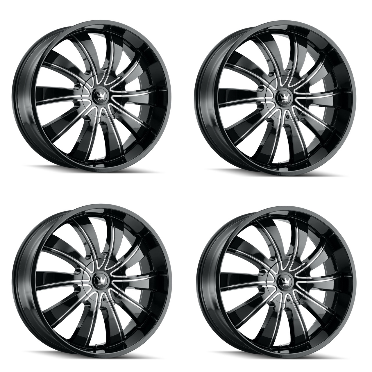 Set 4 22" Mazzi Rolla 22x9.5 Gloss Black Milled 6x135 6x5.5 Wheels 30mm Rims