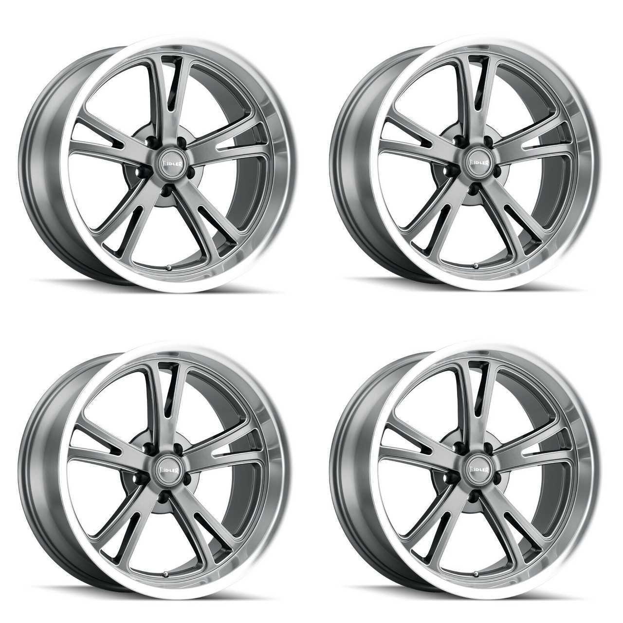 Set 4 18" Ridler 606 18x8 Grey W Machined Lip 5x5 Wheels 0mm For Jeep Chevy GMC