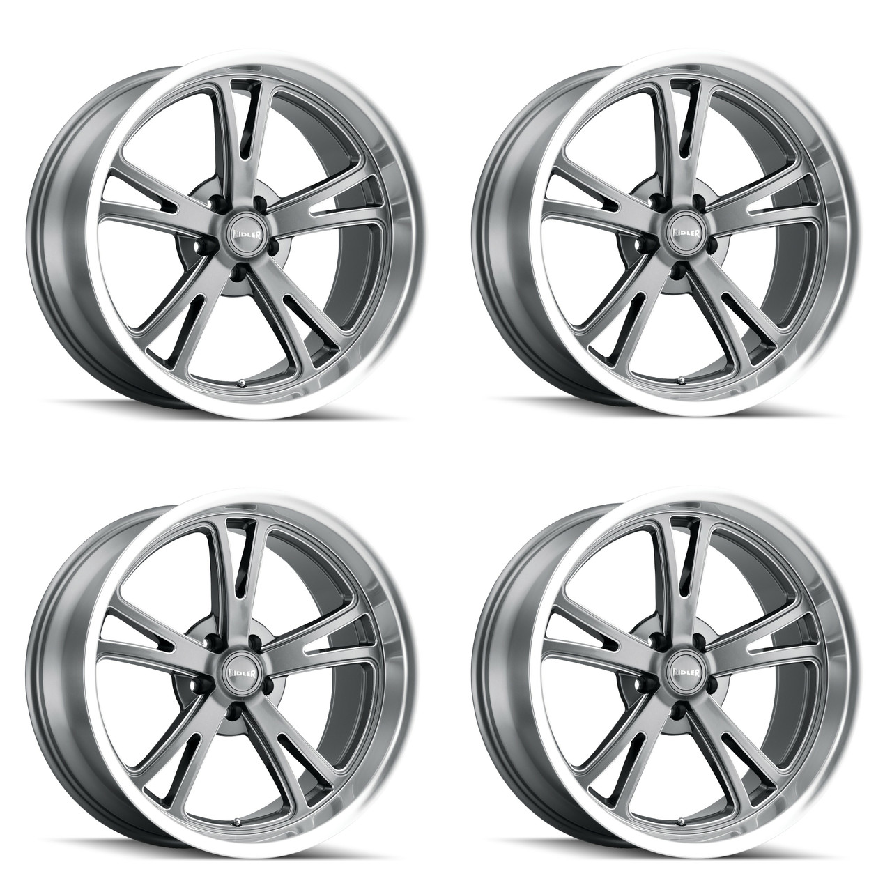 Set 4 18" Ridler 606 18x9.5 Grey W Machined Lip 5x5 Wheels 0mm Rims