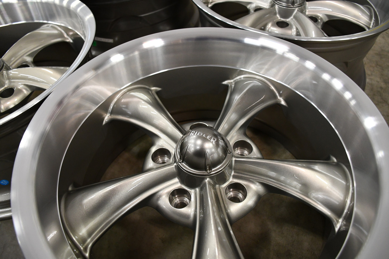Set 4 17" Ridler 695 17x7 Grey With Machined Lip 5x4.75 Wheels 0mm Rims