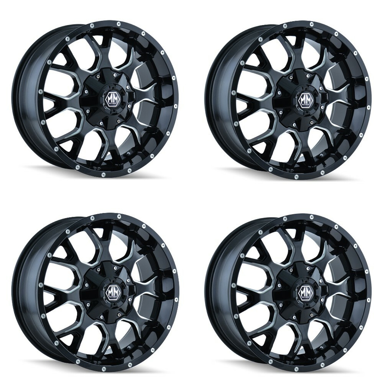 Set 4 20" Mayhem Warrior 20x10 Black Milled 6x135 6x5.5 Wheels -25mm Lifted Rims