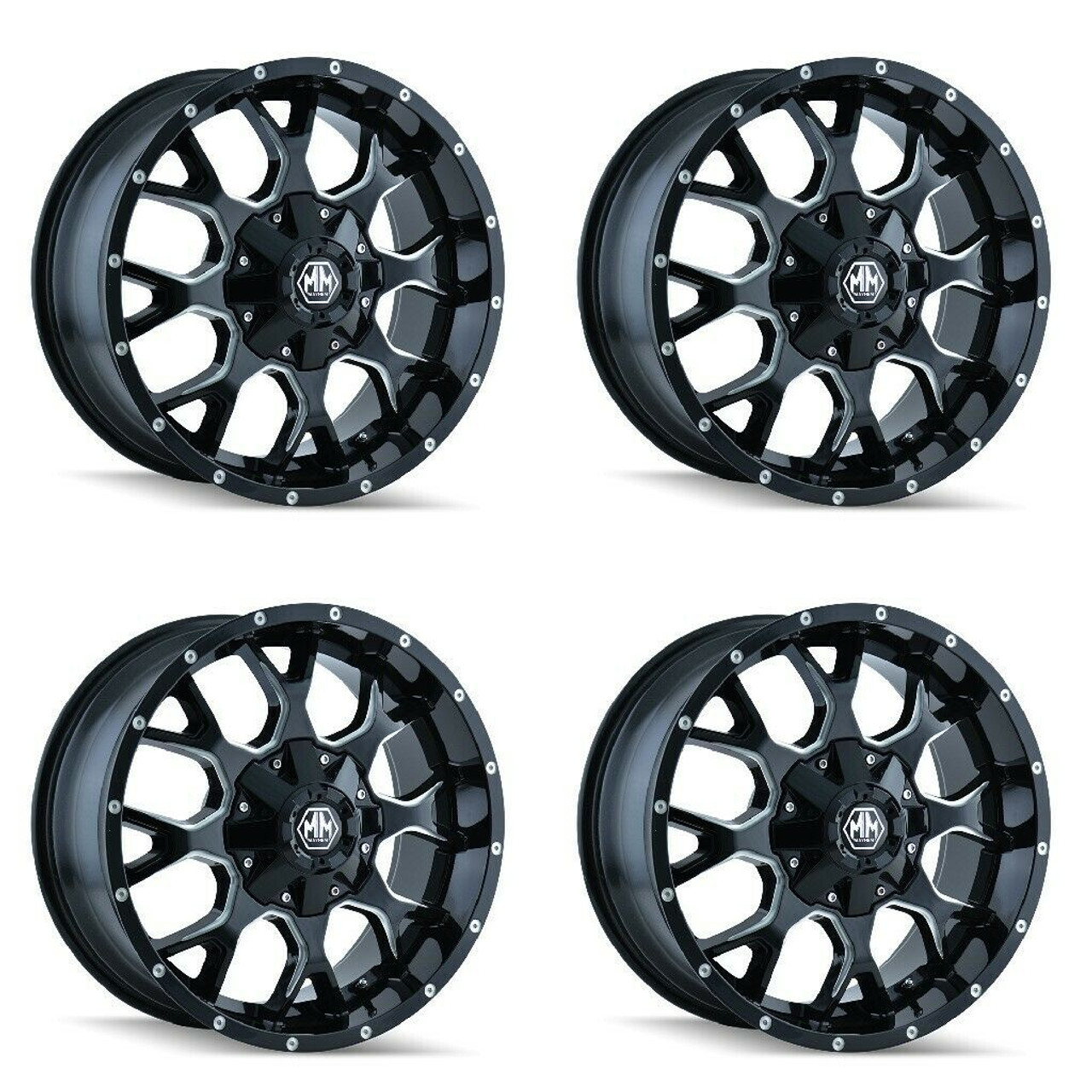 Set 4 20" Mayhem Warrior 20x9 Black Milled 6x135 6x5.5 Wheels 0mm Truck Suv Rims