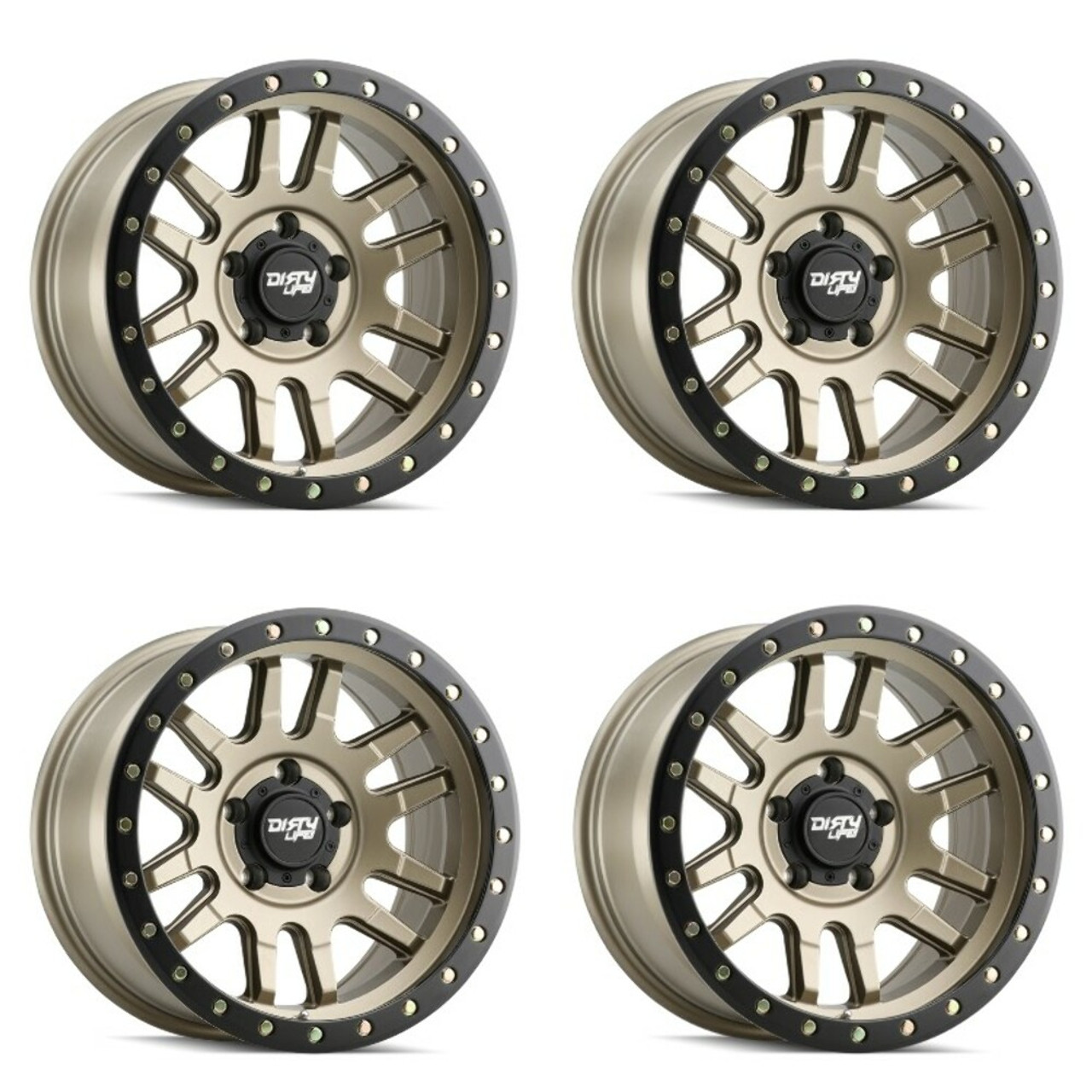 Set 4 17" Dirty Life Canyon Pro 17x9 Satin Gold W Simulated Ring 6x5.5 0mm Rims