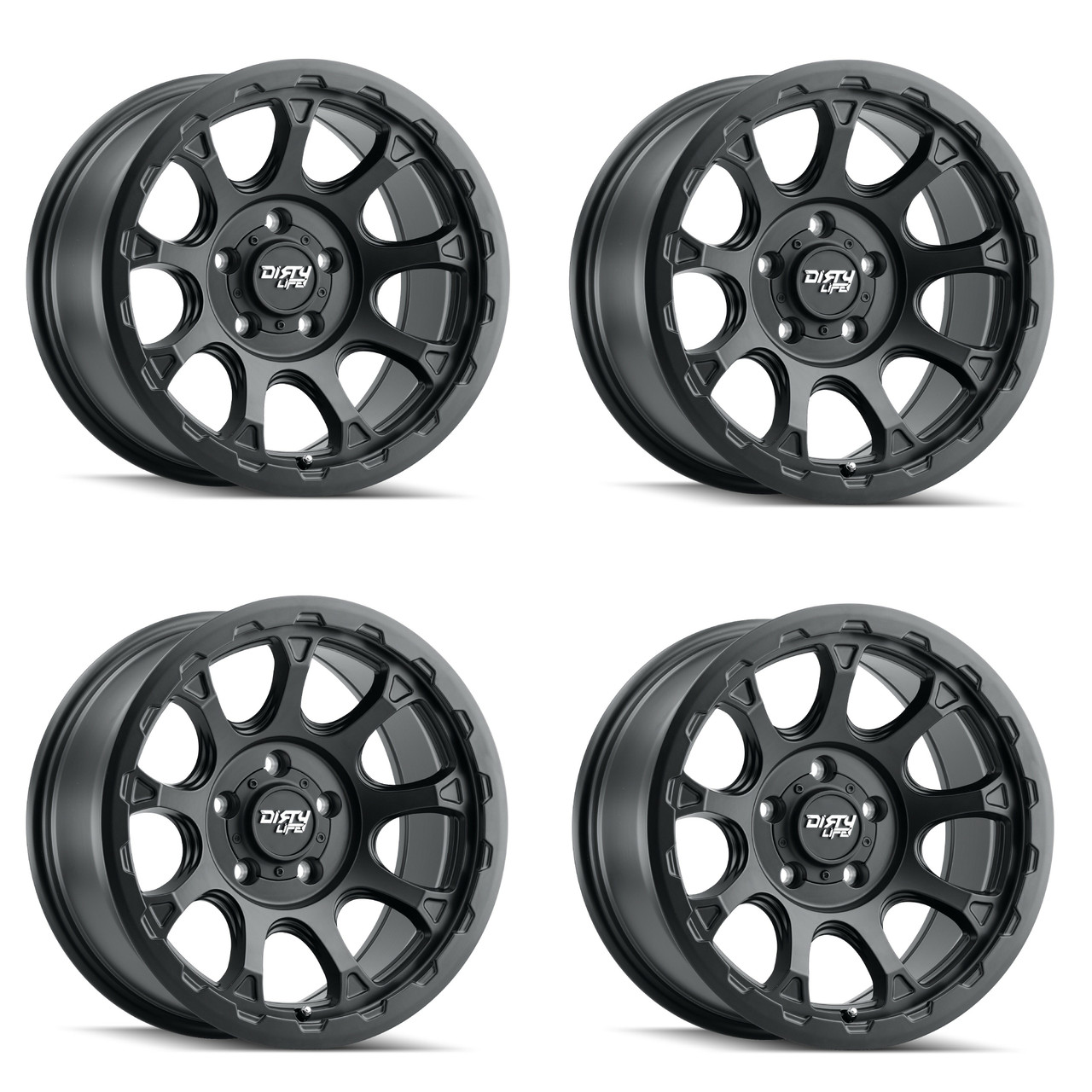 Set 4 17" Dirty Life Drifter 17x8.5 Matte Black W Simulated Ring 6x5.5 -6mm Rims