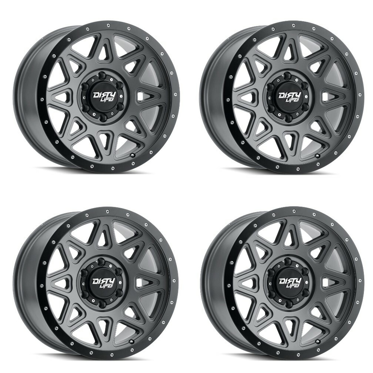 Set 4 17 Dirty Life Theory 17x9 Matte Gunmetal W Simulated Ring 6x5.5 Rims -12mm