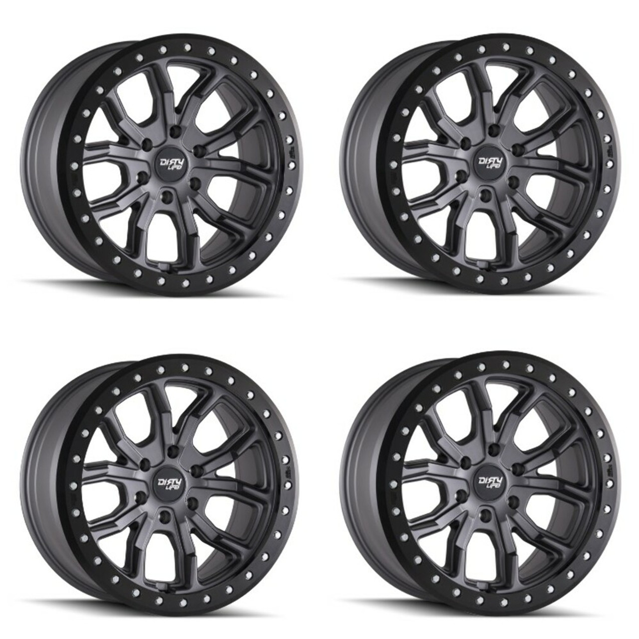 Set 4 17" Dirty Life DT-1 17x9 Matte Gunmetal W Simulated Ring 5x5 Wheels -12mm