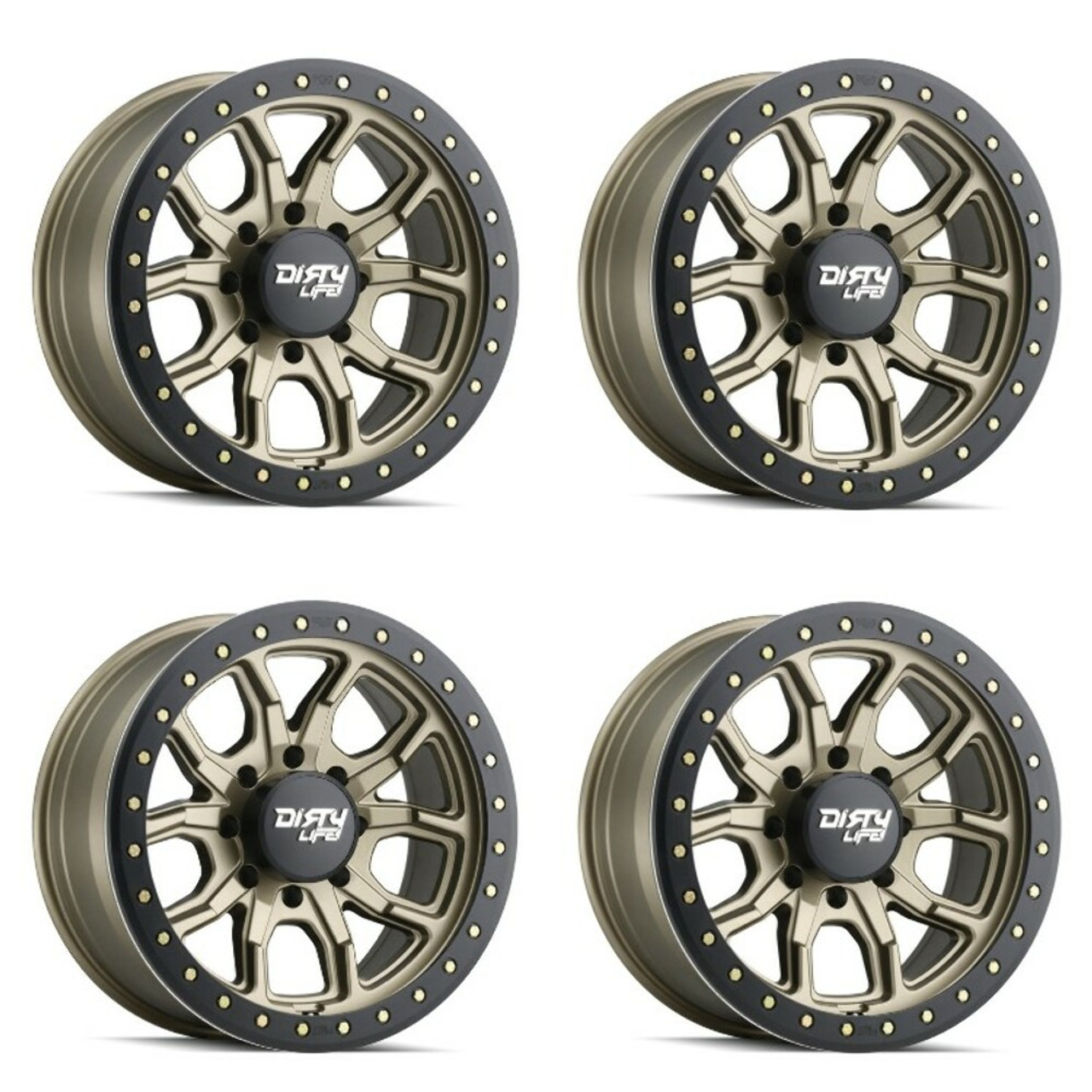 Set 4 17" Dirty Life Dt-1 17x9 Satin Gold w Simulated Ring 5x5 Wheels -12mm Rims
