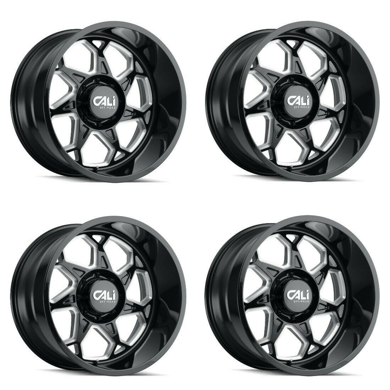 Set 4 22" Cali Off-Road Sevenfold 22x12 Gloss Black Milled 6x135 -51mm Wheels