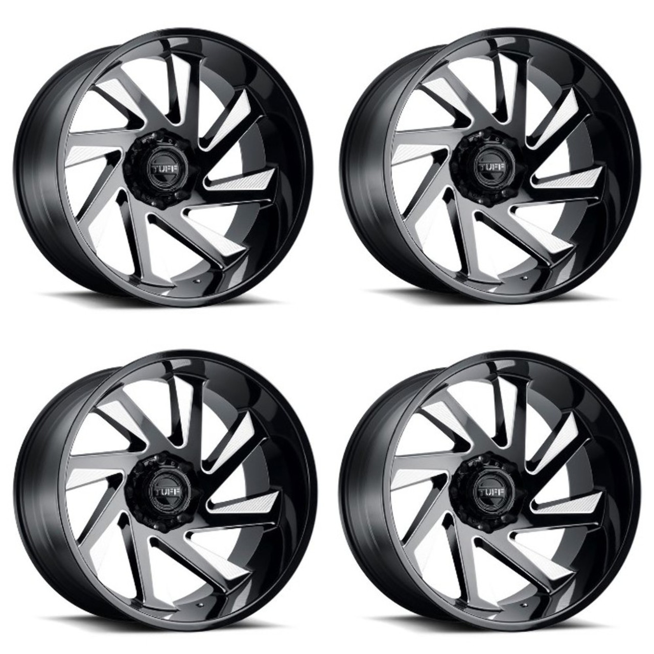 Set 4 26" Tuff T1B Gloss Black Milled Spokes 26x14 8x6.5 Wheels -72mm Lifted Rim