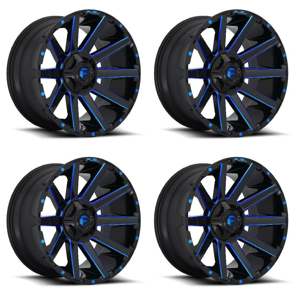 Set 4 20" Fuel D644 Contra 20x9 6x135 6x5.5 20mm Black Blue Tinted Clear Wheels